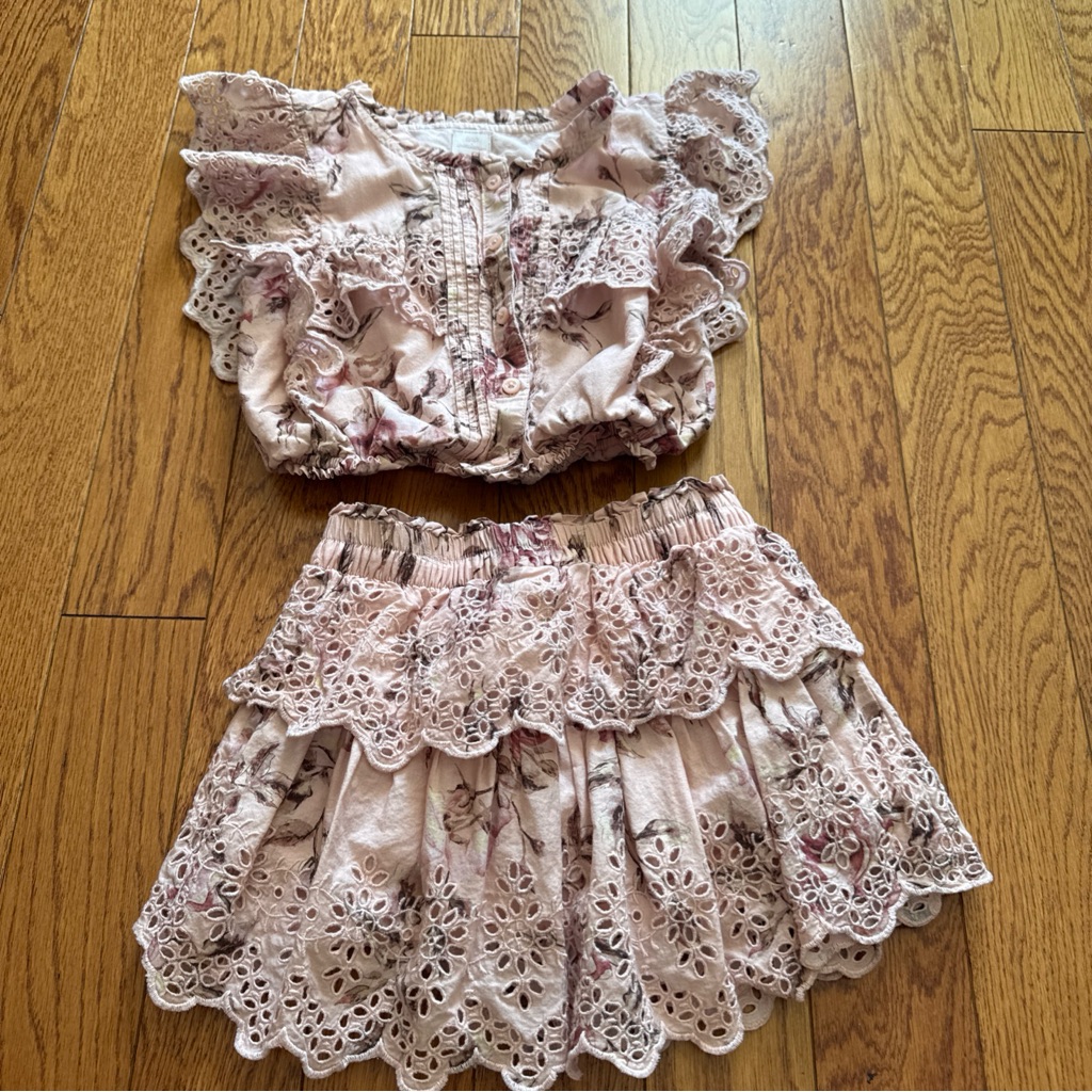 Gap X Loveshackfancy Pink Floral Ruffled Top And Skirt Set